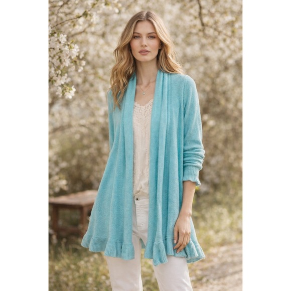 Lilly Pulitzer Sweaters - Lilly‎ Pulitzer 100% Cashmere Turquoise Ruffle Cardigan Small open front sweater
